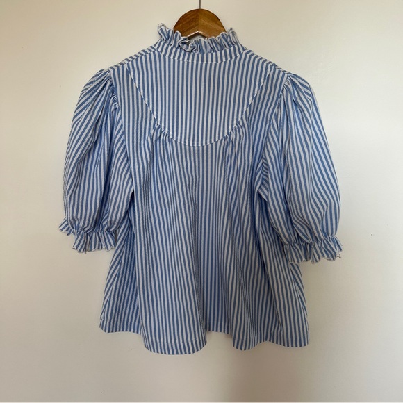 Tuckernuck Pomander Place  Blue Stripe Selena Blouse Top Size M Preppy Coast - Picture 6 of 6